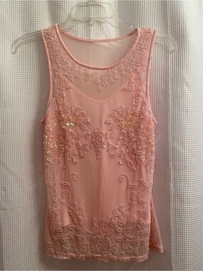 Cache Pink Sheer Decorative Beaded Tank Top